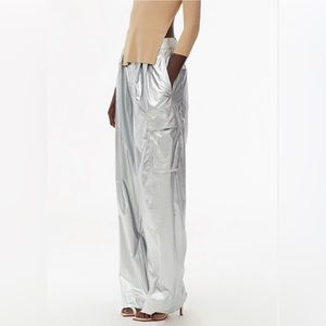 Tibi Silver Nylon Pleated Cargo Pants Size 2